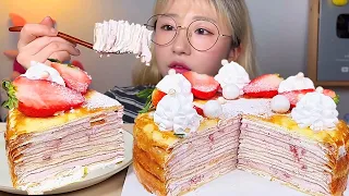 SUB) Strawberry crepe cake🎂 Eating Show. Dessert Mukbang