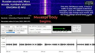 Russian, Morse code, spy numbers station ENIGMA ID M12, 11144 kHz, 24 June, 2023, 2100 UTC