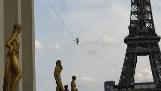 French tightrope walker completes 600-meter walk on slackline in Paris