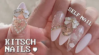 SUB) CHANEL kitsch nails improvised without a plan 😋💕/Self nail/Kitsch nails/Nail ASMR