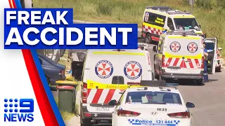 Tradesman killed crushed between ute and truck | 9 News Australia