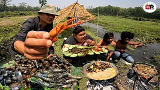 Survival Challenge ! Wild Food Sanil Ghonghi and Prawn Mountain Fish Buduna Baghi Cooking and Eating