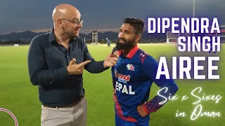 Dipendra Singh Airee speaks to Andrew Leonard after hitting 36 runs from 1 over vs Qatar in Oman!