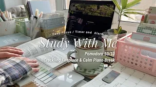 4-HR STUDY WITH ME [pomodoro 50/10] fireplace crackling & calm piano break / countdown & alarm