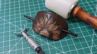 Amazing Process of Making HANDMADE Leather Hairslide / Barrette With Carved Sunflower - ASMR