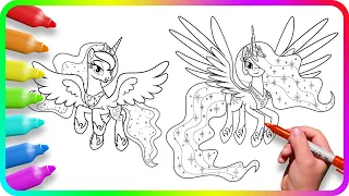 Coloring Pages MY LITTLE PONY. How to draw My Little Pony - Celestia, Luna. Easy Drawing Tutorial