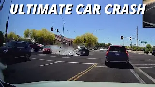 Ultimate Car Crash in intersection as 2 cars try beating a yellow light [Dash Cam Caught Video]
