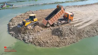 Wonderful Construction Building Road Dozer Hard Pushing Gravel With Dump Truck Unloading