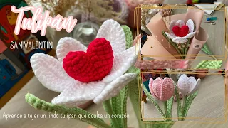 Teje un lindo tulipán que oculta un corazón 💘 san valentin | TUTORIAL CROCHET FLORES TEJIDAS 🌷