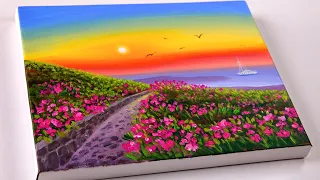 Sunset landscape painting in spring | Mountain sunset view | Acrylic Painting