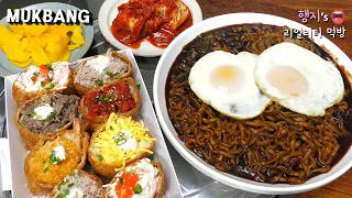 Real Mukbang :) Jjajang ramyun (Black Bean Noodle) & Assorted Fried Tofu Rice ★ Melon, Peach