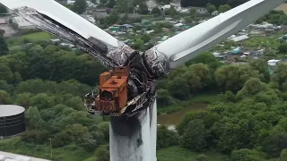 Sad Demise of the Wind Turbine, located on the bank-side in Hull, following a fire in August 2022.