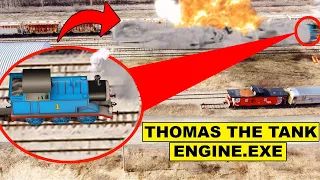 (TRAIN EXPLOSION) DRONE CATCHES THOMAS THE TANK ENGINE.EXE CRASHING INTO TRAIN AT ABANDONED RAILROAD