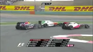 Lewis Hamilton overtake on Adrian Sutil and Sebastian Vettel Chinese GP 2010