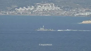 Turkish Navy 9 Fast Attack Missile Boats northbound Chios Strait in east Aegean Sea.