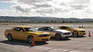 V-8 Pony Car Drag Race! 2011 Mustang GT vs 2010 Camaro SS vs 2010 Dodge Challenger SRT8