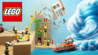 I built a wave machine to destroy my Lego city. Tsunami disaster with tower and Lego boat.