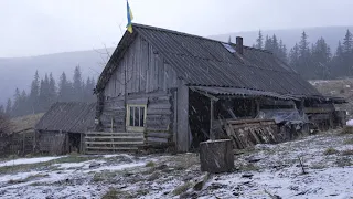 hiding in an abandoned log cabin from  strong winter wind