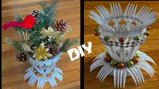 How to make flower vase with plastic forks Easy & cheap /Home DECOR idea handmade with Plastic forks