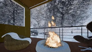 Balcony in quiet winter mountains | crackling fireplace | Birdsong | Fireplace blizzard howling wind