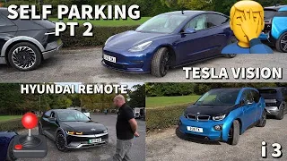 Self-Parking Tesla Vision v Hyundai Ioniq 5 with remote parking v BMW i3 - still a Tesla Fail?