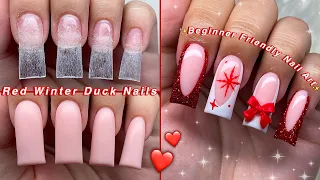 TRYING DUCK NAILS FOR THE FIRST TIME! | RED WINTER DUCK NAILS❤️ BEGINNER FRIENDLY NAIL ART