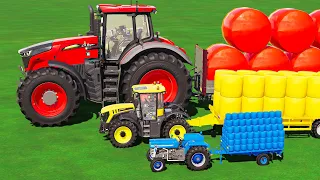 GIANT TRACTOR OF COLORS ! MINI & BIG GRASS BALE TRANSPORT with COLORED TRACTORS & FLADBED TRAILER!