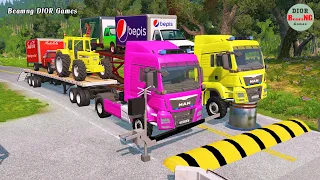 Double Flatbed Trailer Truck vs speed bumps|Busses vs speed bumps|Beamng Drive|814