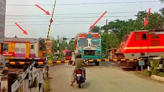 Dangerous Scene At Railgate | Loaded Truck Stuck In The Railroad  Emu Local Meet Intercity Express