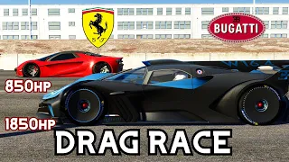 1850HP BUGATTI BOLIDE VS 850HP FERRARI STALLONE DRAG RACE | Assetto Corsa