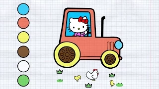 Мультик-раскраска Hello Kitty катается на тракторе. Учим цвета – рисуем по точкам