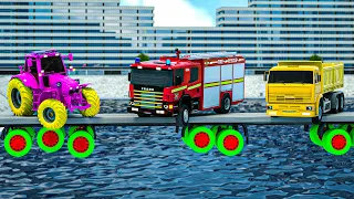 Fire truck Frank, Kamaz and Traktor stuck in a large bridge - Wheel City Heroes Cartoon