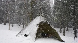 Heavy snow solo camp | Hot tent and wood stove | Snow that doesn't stop.