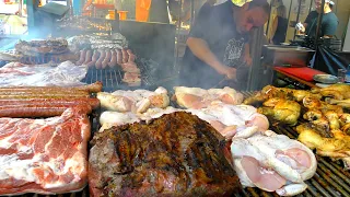 Street Food in Italy. Huge Juicy Ribs, Sausages, Pork Loin, Skewers and more Food from the World