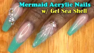 Acrylic Nails Mermaid Acrylic Nails with Sea Shell Gel Nail - LongHairPrettyNails