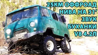 25км по лесу. Нива на 31', звук Буханки V8 4.2л. Весенний оффроад