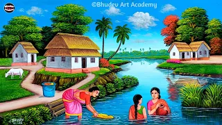 Beautiful Village Landscape Scenery Painting| Indian Village Scenery Painting With EarthWatercolor