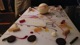 Carnival Vista 555 Farenheit Steakhouse Art at the Table Dessert for Mom's Birthday