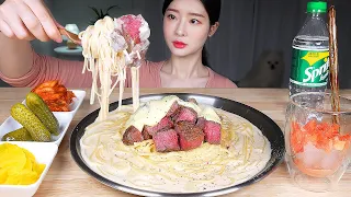 ASMR MUKBANG | Ultimately Cheesy and Creamy Steak Pasta 🥩  Juicy and Tender Beef Steak (w/ recipe)