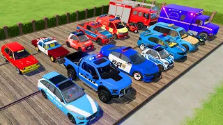 TRANSPORTING CARS, FIRE TRUCK, POLICE CARS, AMBULANCE OF COLORS! WITH TRUCKS! - FARMING SIMULATOR 22