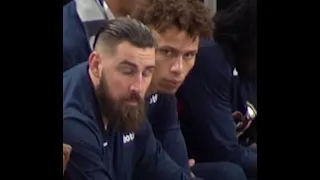 crowd and pelicans bench reaction to klay thompson for making deep three