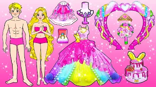 [🐾paper Diy🐾] Pink Rapunzel Vs Ken Rainbow Decorate Wedding Dress Up | Rapunzel Compilation 놀이 종이