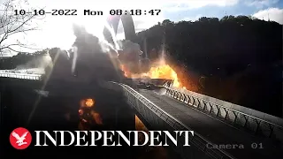 Moment pedestrian bridge in Kyiv hit by missile