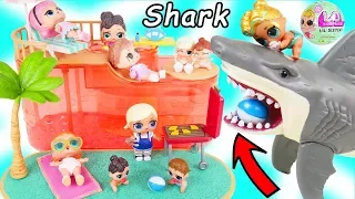 LOL Surprise Dolls Visit Lil Bratz Pool with Sharks for Lil Sisters - Bunk Beds Toy Video