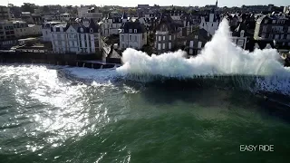 Huge storm waves slam into sea wall in Saint-Malo, France - Easy ride Opérateur drone - 4K