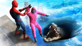 GTA 5 Water Ragdolls | SPIDERMAN and SQUID GAME Guard vs Alligator ep.3 (Flooded City)