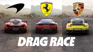 FH5 DRAG RACE - FERRARI PISTA 488 2019 vs PORSCHE 911 GT2 RS 2018 vs MCLAREN P1 2013
