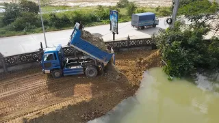 Nice Project Build Road Landfill Up By Operator Bulldozer Push Soil and Dump Truck Unloading Soil