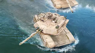 Massive 60 Ton US M1 Abrams Tanks Jump into Water During River Crossing