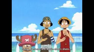 Luffy, Chopper and Usopp eating takoyaki.